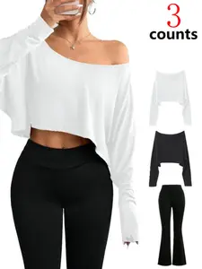 Women's 3-Piece Set, Plain Shoulder-Half Sleeve Top & Slim-Fit Flare Pants, Casual Fashion for All Seasons