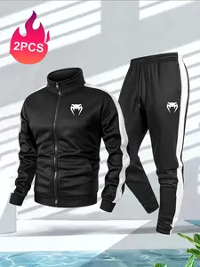 Men's Sporty Jacket and Pants Set, Colorblock Design, Snake Print, Stand Collar, Long Sleeve, Fleece Lining, Pockets, Outdoor Activities
