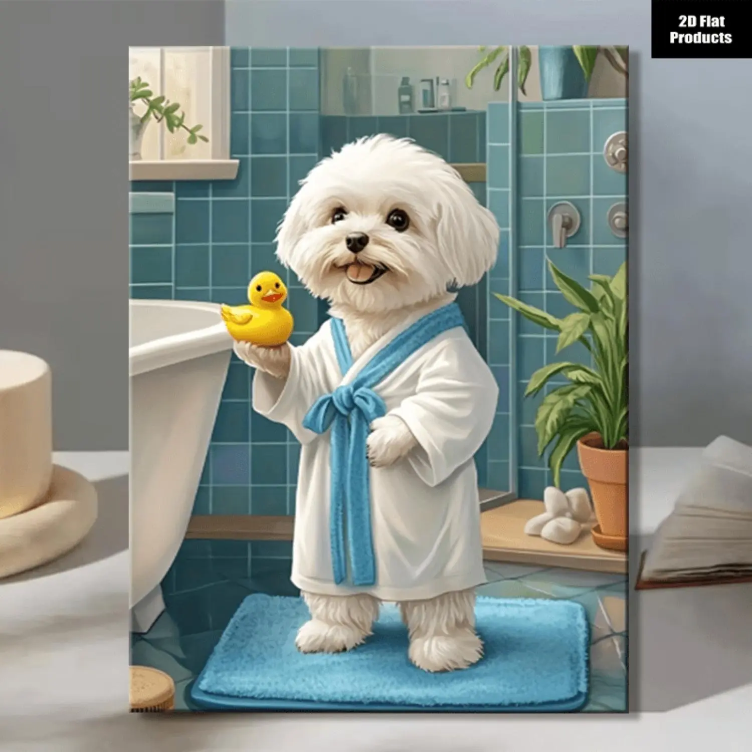 2D Flat, 1pc Maltese Dog in Bathtub Framed Canvas - Modern Spa-Themed Suitable for Bathroom Decor with Duck, Wrap-Around Frame, Suitable for / Use, Adorable Maltese Puppy Print for,, or Spa Decoration