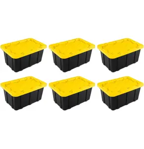 Sterilite 17 Gal Industrial Tote, Stackable Storage Bin with Snap-Fit Lid for Garage, Basement & Attic Storage, Black Base and Yellow Lily Lid, 6-Pack