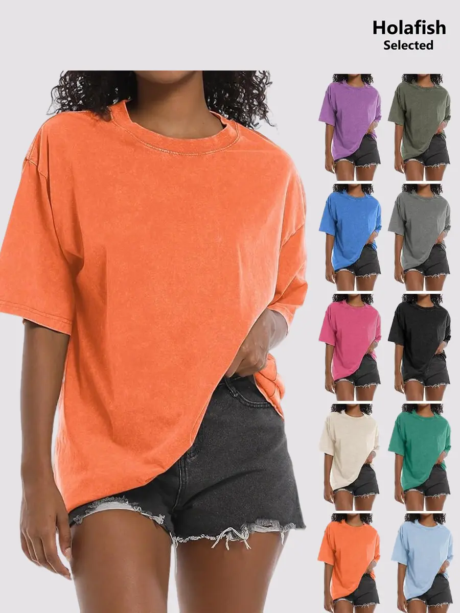 Holafish Women's Vintage Acid Wash Crew Neck Short Sleeve Tee Relaxted Soft Breathable Solid Cotton Streetwear Essential Unisex Summer Top Everyday Comfort summerwins