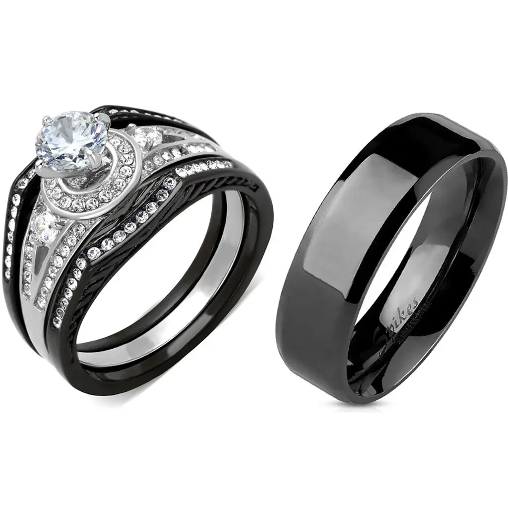 4 PCS Couple Band Rings Set - Black IP Stainless Steel, 6x6mm Round Cut Cubic Zirconia Engagement Rings, Male Flat Band, Female & Unisex Options, Adults