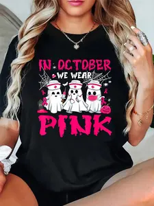 In October We Wear Pink Nurse Ghost Halloween Breast Cancer T-Shirt women's graphic tees