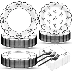 200 Pcs Black White Bow Party Decorations Girl Birthday Paper Plates Napkins Supplies Bowknot Themed Cake Tableware Dinnerware for Bachelorette Engagement Wedding Baby Bridal Shower Serves 50