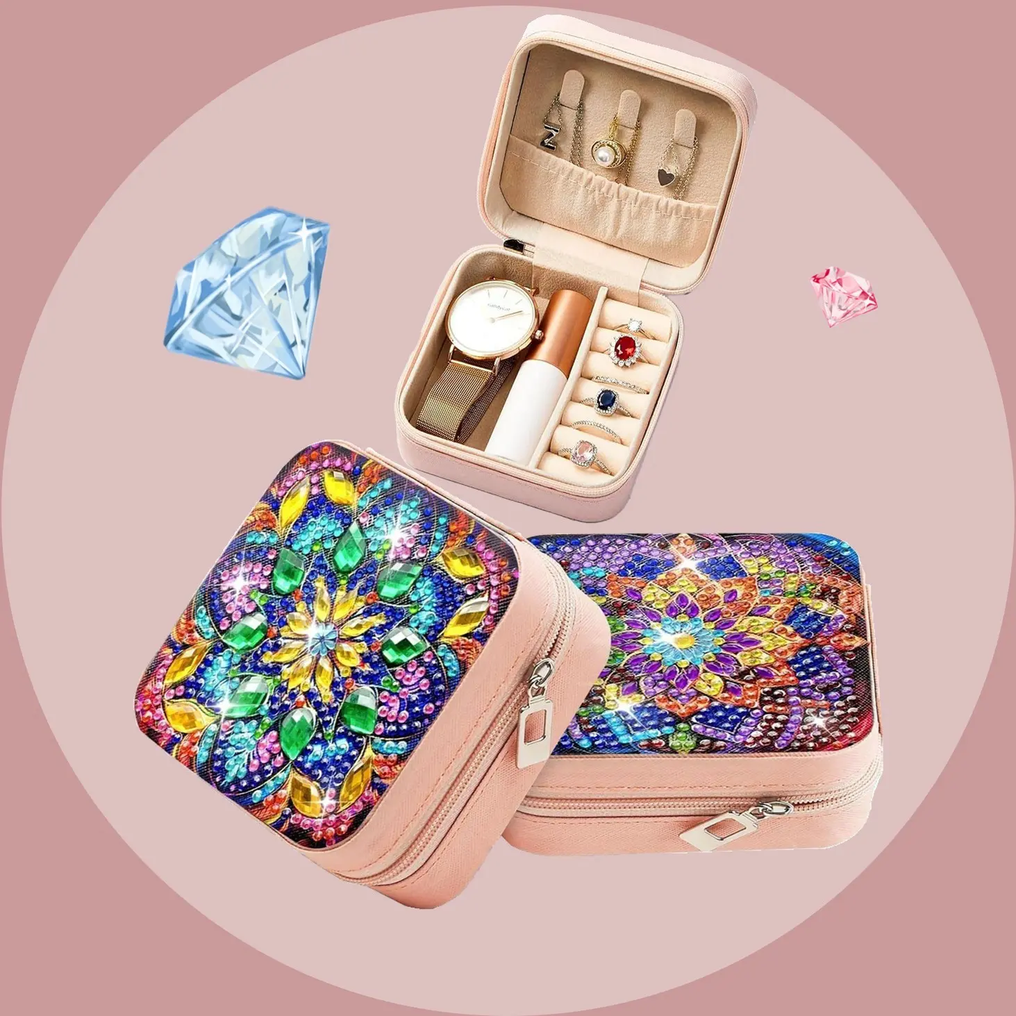 2-piece diamond painting set with zipper Makeup Organizer Pouch, Makeup Bag Set, Cosmetic Bags, Mandala flower-themed diamond painting and diamond Mosaic makeup box, DIY large capacity, suitable for ladies' festival gifts
