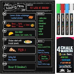 Magnetic Dry Erase Menu Board for Fridge Includes 4 Liquid Chalk Markers - Weekly Meal Planner Blackboard, Grocery List & Notepad for Kitchen Refrigerator - Chalkboard Magnet 15.6" x11.6