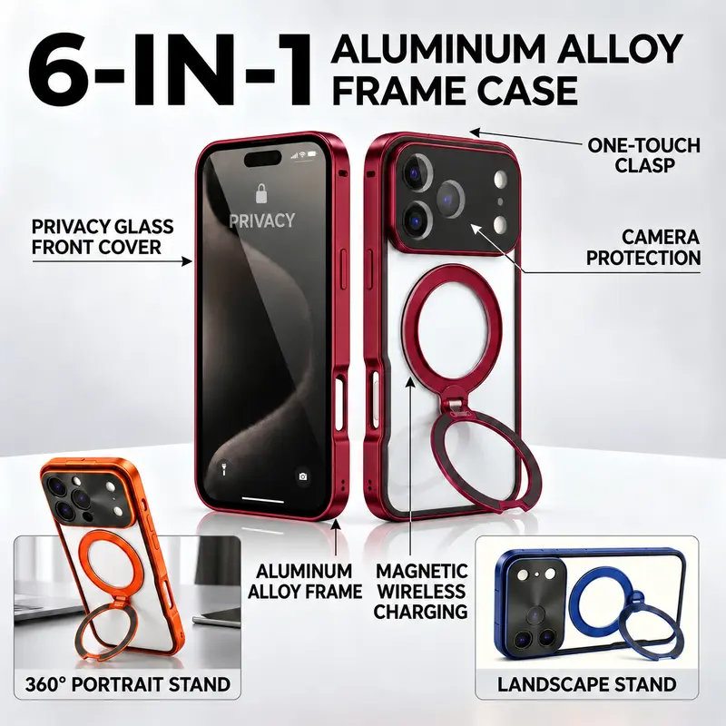 6-in-1 Cellphone Case Cover - Aluminum Frame, Built-in Privacy Screen Protector, for iPhone 16/17/18 Pro Max, Full Body Shockproof Casing, Scratch Resistant, 360° Rotatable Kickstand, MagSafe Compatible, Wireless Charging, Ideal for Travel, Gaming