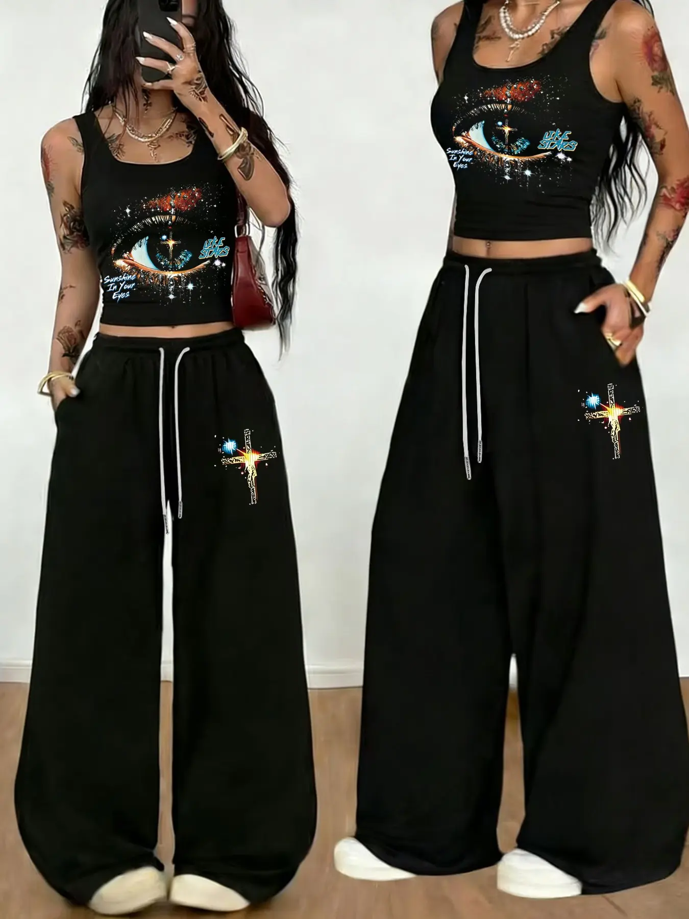 2-Piece Women's/Teen Girls' Y2K Galaxy Starry Eyes Pattern Set, Matching Clothing Set, featuring a cropped square-neck tank top and loose wide-leg pants, with a starry eyes print and soft fabric, perfect for music festivals and summer street style.