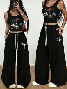 Two-piece women's Gothic-style printed short square-neck vest and wide-leg pants set, Drawstring, Y2K vintage distressed street style, suitable for parties and everyday casual wear, dark aesthetic print, sleeveless crop top, Womenswear