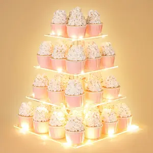 4 Tier Cupcake Stand with LED String Light, Acrylic Cupcake Display Stand, Square Cupcake Tower Holder, Cup Cake Stand for Birthday, Wedding, Baby Shower, Party