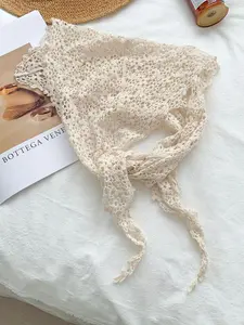 Lace Hooked Headscarf, Vintage Hollow Out Pattern, French Countryside Style, Adjustable Triangle Scarf, Comfortable for Vacation Photoshoots