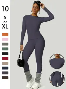 Women's Simple Solid Color Sportswear Set, Comfortable Sporty Round Neck T-Shirt & Slimming Leggings, Perfect for Fall Winter Yoga & Daily Wear