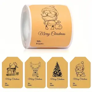Kraft Paper Christmas Gift Tag Sticker, 100pcs/roll Vintage Gift Wrapping Label Sticker, Gift Decoration Supplies for Holiday Party