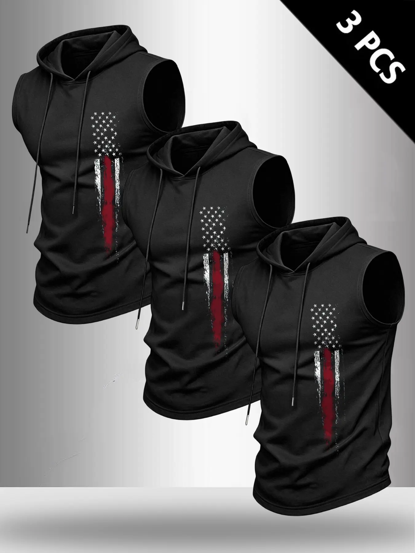 Summer Men's Casual Sleeveless Hooded T-Shirt 3-Pack, Vintage Star Flag Print, Perfect for Sports and Daily Wear