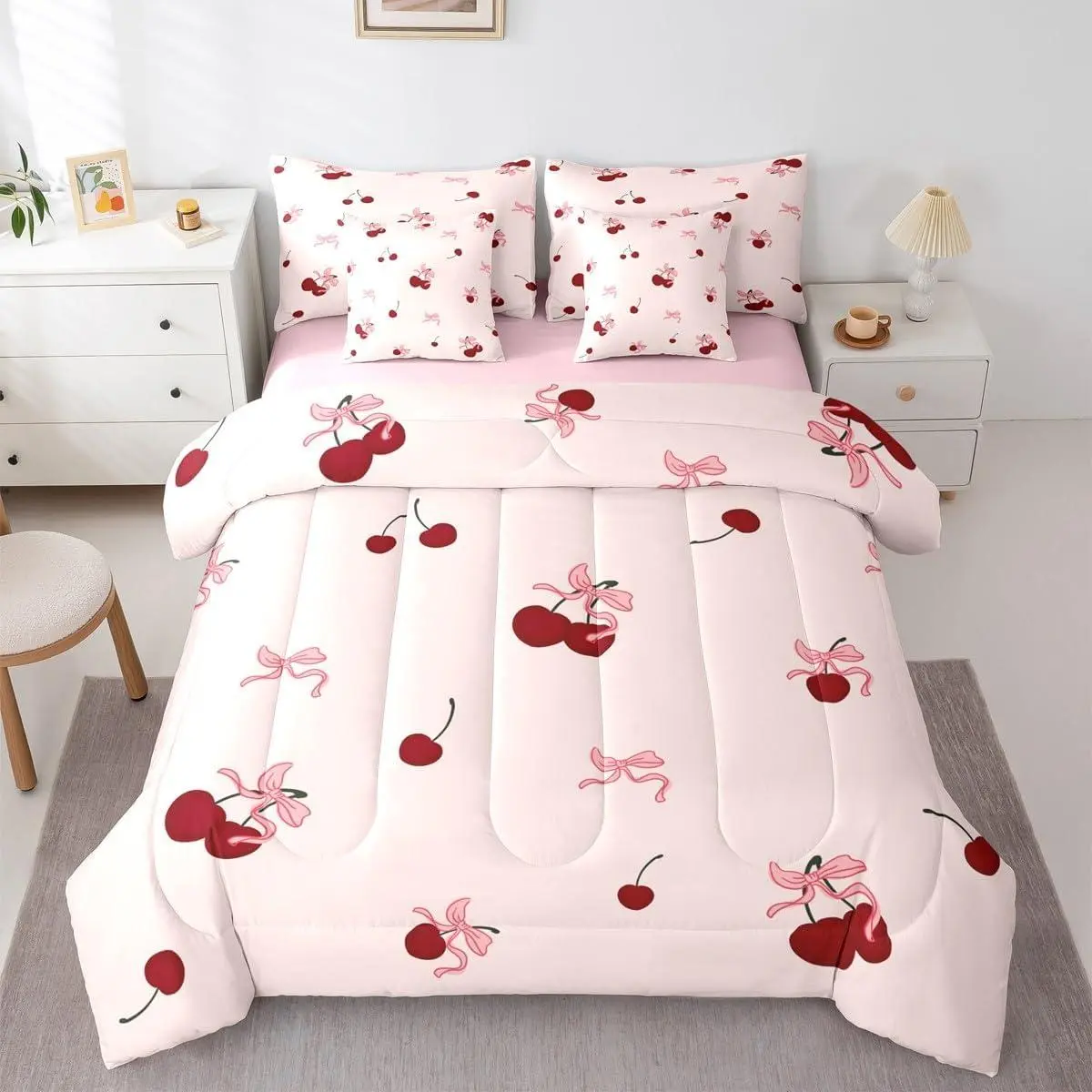 Feelyou 7-Piece Microfiber Bedding Set - Pink Bowknot Bed Comforter with Sheets, Sweet Kawaii Cherry Design for Girls' Princess Beds, Bed Comforter Set
