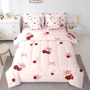 Pink Bow 7 Piece Bedding Set,Bowknot Comforter Bed Set with Sheets,Kids Girls Boys Sweet Fairy Ribbon Dreamy Kawaii Cherry Bed Bag,Girly Princess Bed Set
