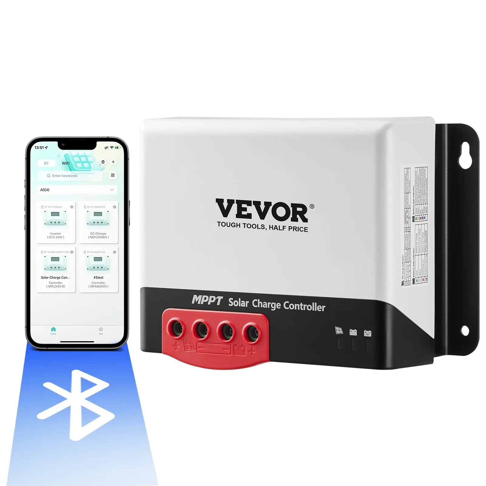 【Summerfinds】VEVOR 50A MPPT Solar Charge Controller Converter, 12V/24V Automatic DC Input, Wireless Bluetooth Monitoring Regulator, 98% Efficiency, 24V/1320W, 183x125x70mm, Compatibility with Sealed, Gel, Flooded & Lithium Batteries, 183 X 125 X 70 Mm, Ad