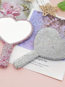 Heart French Starlight Mirror, Abs Clay Mud Rhinestone Handheld Mirror, Sparkling Water Drill Handle, Portable High Aesthetic Student Pocket Mirror, Travel Hand Mirror