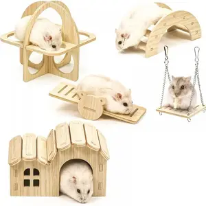 Hamster Seesaw Swing, Solid Wood Small House Nest, DIY Cage Accessories for Gerbil & Golden Bear, Pet Exercise Toy Set