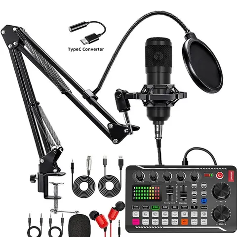 Safring F998 Live Sound Card Audio Mixer - Audio Interface with Live Mixing, Voice Changer, 16 Special Effects, Bluetooth, USB Power, Rechargeable Dynamic Mic, Desk Clamp, 3.55mm Adapter for Smartphone Streaming, Gaming