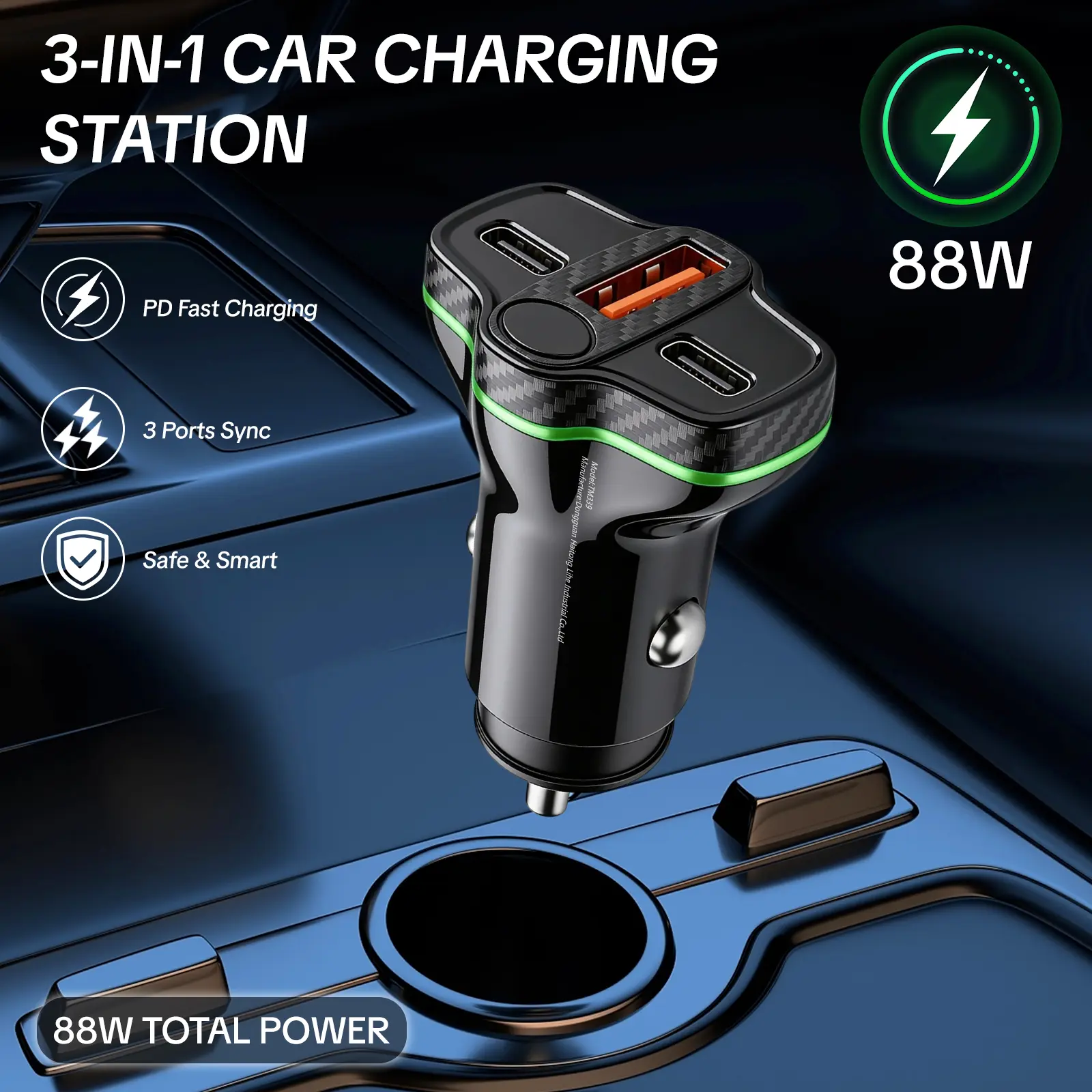 HiEHA 88W 3-Port Plug-in Fast Charging Car Charger, Dual 30W PD + 18W QC Ports (USB-C x2, USB-A x1), Smart Overheat & Short-Circuit Safe, Designed to Plug into Your Car Outlet for iPhone 17/16/15 Pro Max, Galaxy S26/S25, Pixel