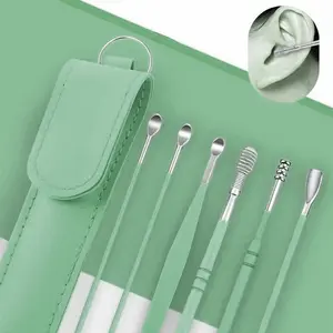 6-piece ear pick set with leather case, a high-end ear cleaning tool set, comprehensive ear and neck massager, and specialized ear cleaning tools. BXGES-1128-lv-QHP Earwax Remover