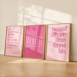 Pink Christian Wall Art Set of 3, Proverbs 31:30 Print, Feminine Bible Verse Decor, Faith Bedroom Wall Art, Elegant Pink Girls Wall Art