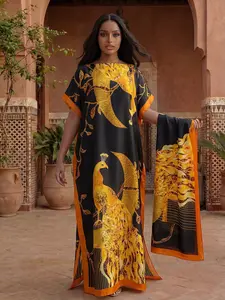 Women's Elegant All-Over Printed Long Robe Set, Beachwear Sun Protection Satin Scarf & Headband, Fashionable Shawl Dress for All Seasons