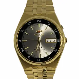 Orient Men's 3 Star Standard Gold Tone Black Dial Automatic Watch Trendy Wristwatch with Gold Band and Champagne Face