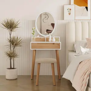 Small Makeup Vanity Desk with Lights, Compact Vanity Desk with Adjustable Brightness Mirror for Small Spaces, Dressing Table with Drawers and Storage Shelves IF041
