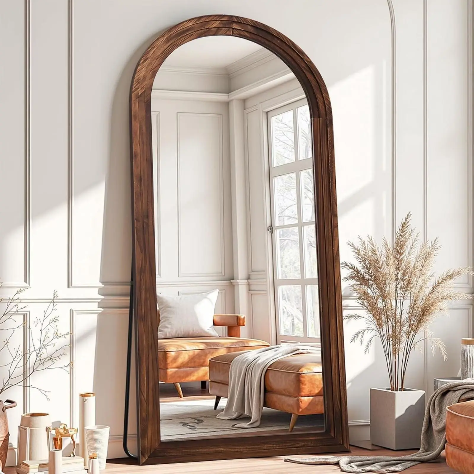 BEAUTYPEAK 71"x30" Wooden Arched Full Length Mirror with Stand - Walnut Decor, Durable, Elegant Farmhouse Traditional House Decor for Room