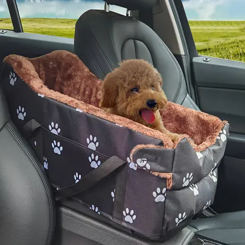 Black Fabric Dog Car - Portable Pet Booster Basket with Paw Print Design, Comfortable Armrest & Headrest for Small to Medium Dogs, Travel Carrier for Vehicle Interiors, Car for Pets |   Cozy Pet Booster |   Fabric Pet Bed, Car for Dogs