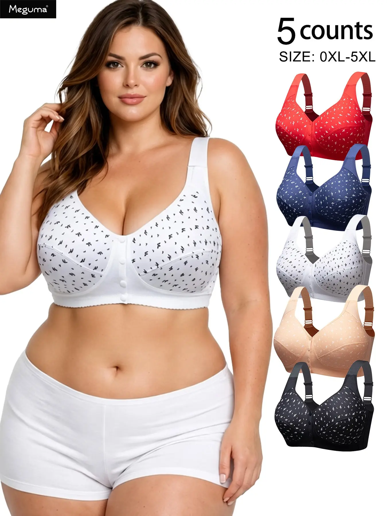 5-piece pack Women's Plus Size Comfort Bra with Front Button Closure, Full Coverage Unlined Wireless Bra, Adjustable shoulder straps, push-up bra, Casual Comfy Bras, casual everyday wear, comfortable underwear, cotton bra, women's clothing
