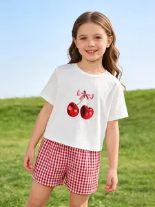 Girls Cherry Print Gingham Shorts 2 Piece Outfit Summer Casual T-Shirt Set