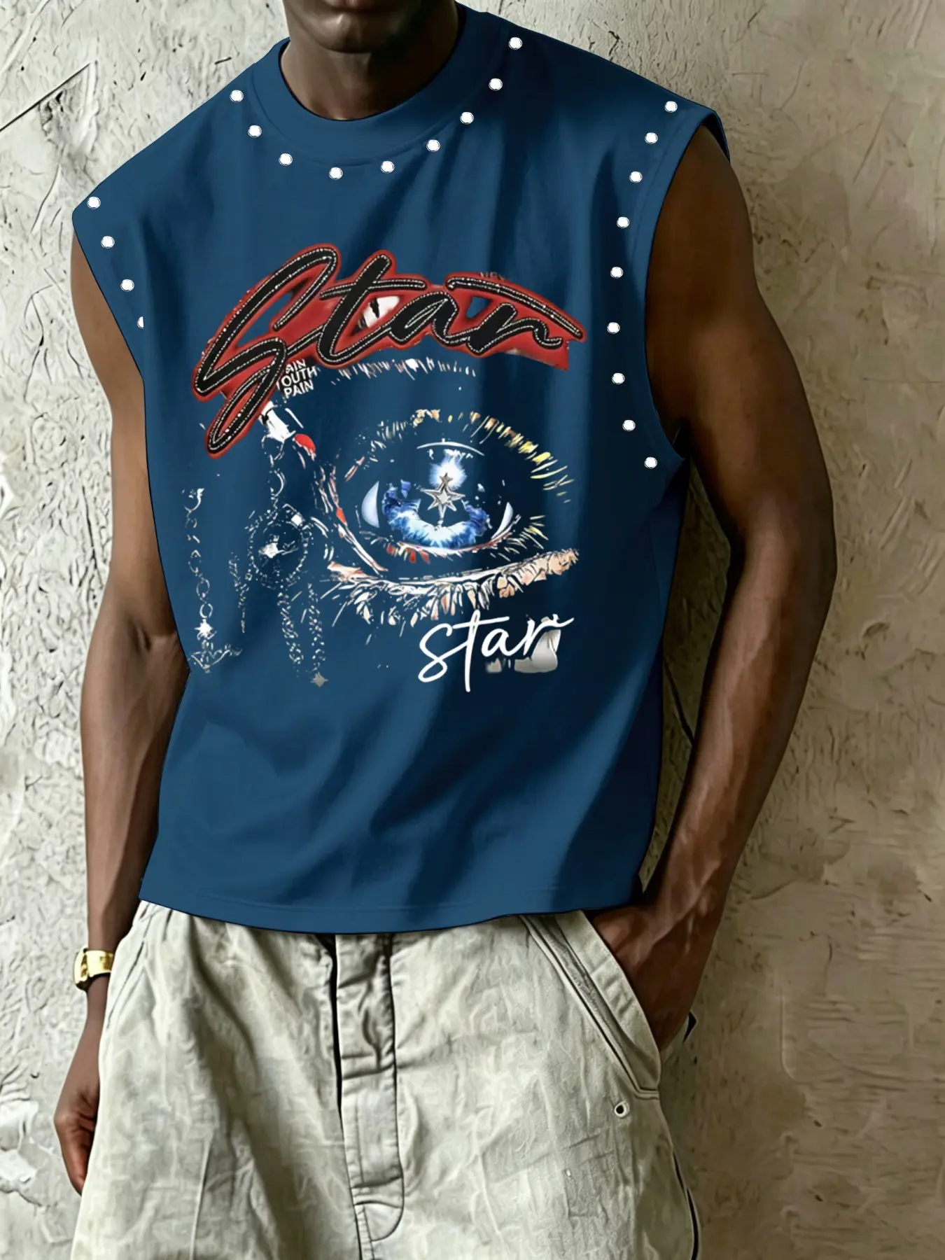 Summer Men's Bestselling Letter Eye Pattern Print Round Neck Sleeveless Top, Handmade Beaded Design, Casual Street Style Streetwear Vest
