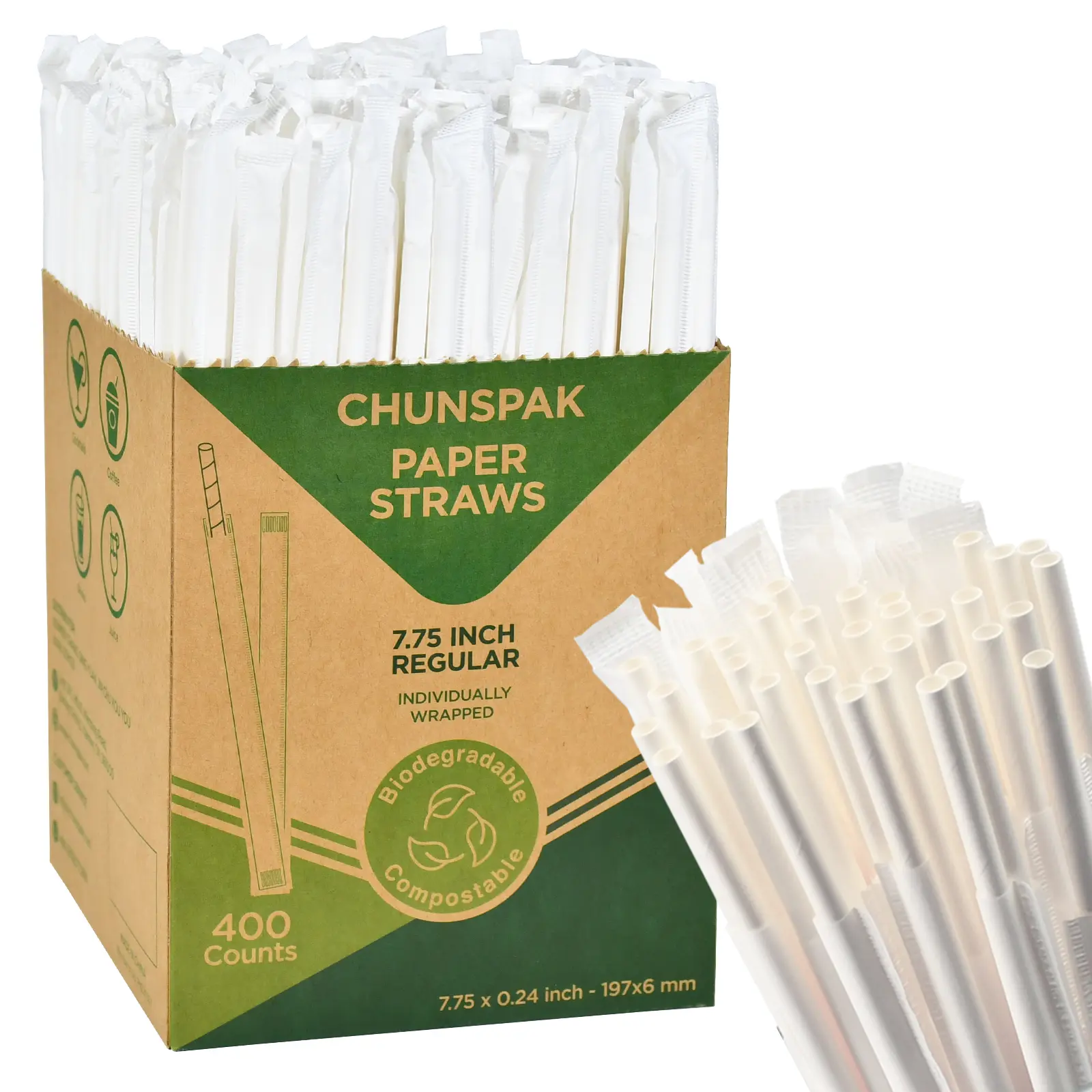 7.75 Inch Disposable Paper Drinking Straws Bulk Individually Wrapped, 0.24" Dia. (Plain White, 400 ct.) - Biodegradable and Compostable