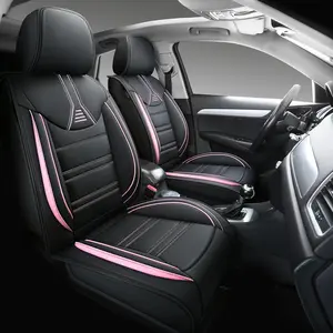 Quiln-04 Leather Car Seat Covers 5 Seats Front & Rear Seat Protector Full Set Universal Fit, Airbag Compatible (Black&Pink)