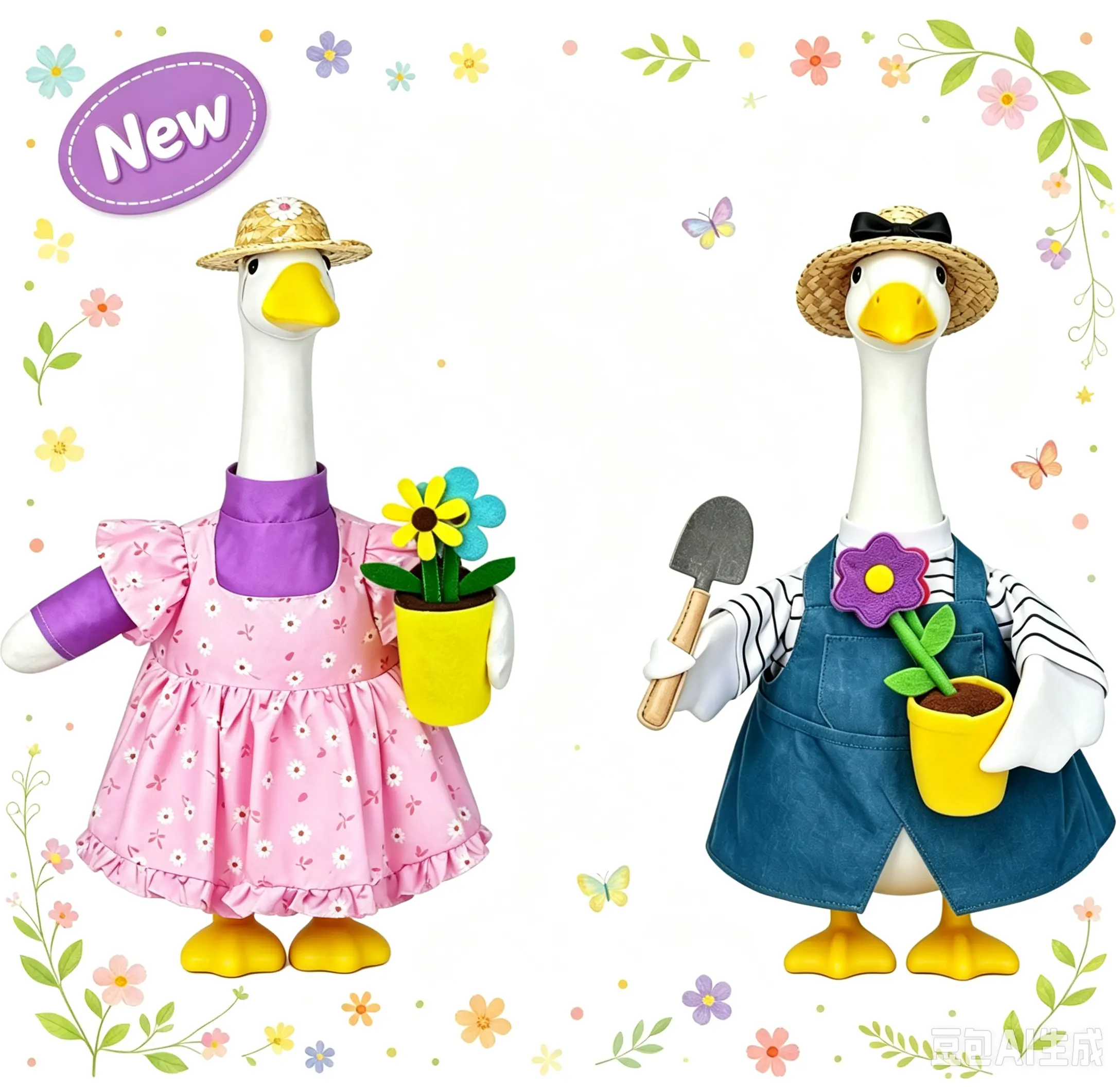 23-Inch Lawn Goose Statue Outfits for Gardeners, Male Blue Overalls & Female Floral Ruffle Dress Sets with Straw Hat, Potted Flower Prop, Farmhouse Yard Patio Spring Decor (DIY Specialty Supply)