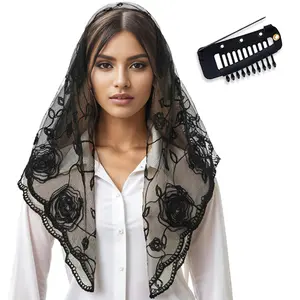 Black Floral Chapel Veil Lace Prayer Shawl Flower Embroider Head Scarf Mass Mantilla First Communion Veils For Church And Non-slip Chunni Clips Set