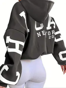 Women's Letter Print Drop Shoulder Long Sleeve Hoodie, Fashion Casual Hooded Sweatshirt for Daily Outdoor Wear, Ladies Spring & Fall Clothes