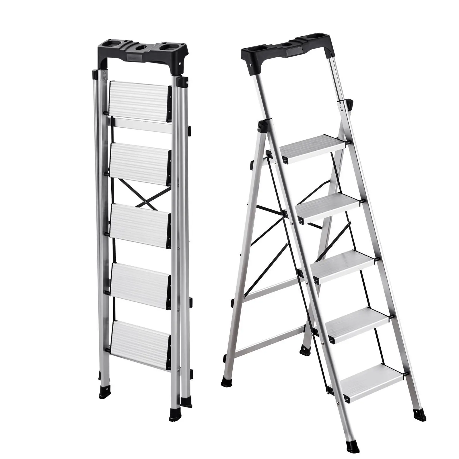 VEVOR 5-Step Aluminum Collapsible Ladder, Lightweight Foldable Sturdy Portable Ladder with Wide Anti-Slip Pedals, Comfort Handgrip, Convenient Tool Tray, 330 lbs Capacity, 56.7 x 18.9 x 3.5 in, Stable Over Time, for Kitchen, Office, Silver#BackToSchool