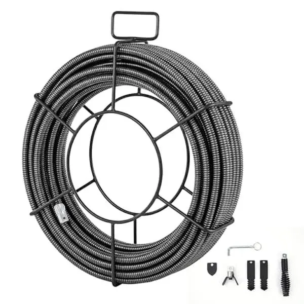 100 ft x 1/2 Inch Solid Core Drain Snake Cable with 4 Cutter Shapes for Sewer, Pipe, and Drain Clog Cleaning - Heavy Duty Auger Tool,familyfun