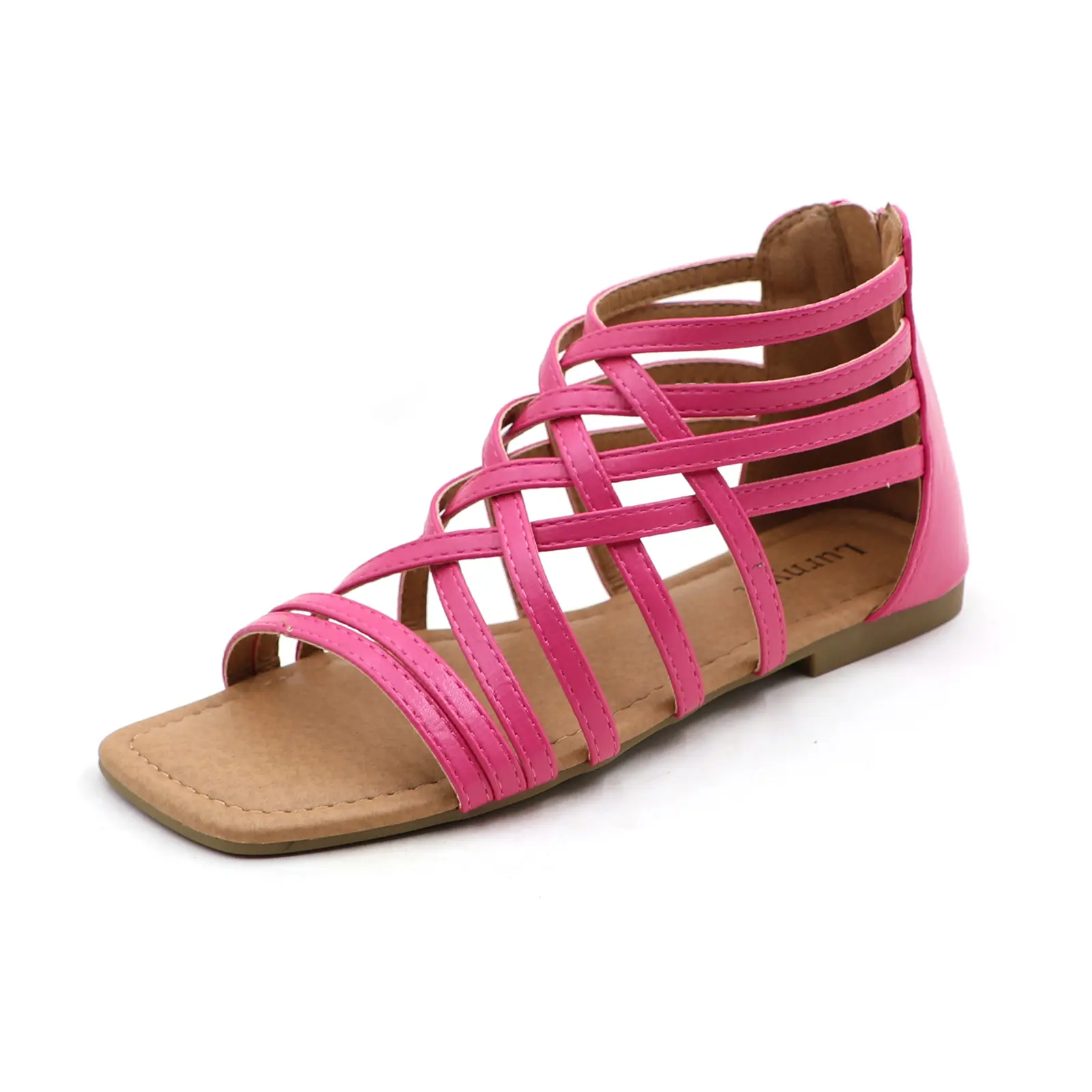 Women's Braided Gladiator Sandals, PU Leather Strappy Flat Heel Footwear with a Cushioned Insole and Back Slip-on Zip, Strapy Sandals, Elegant, Solid, Square, Adjustable Size Women's Sandals