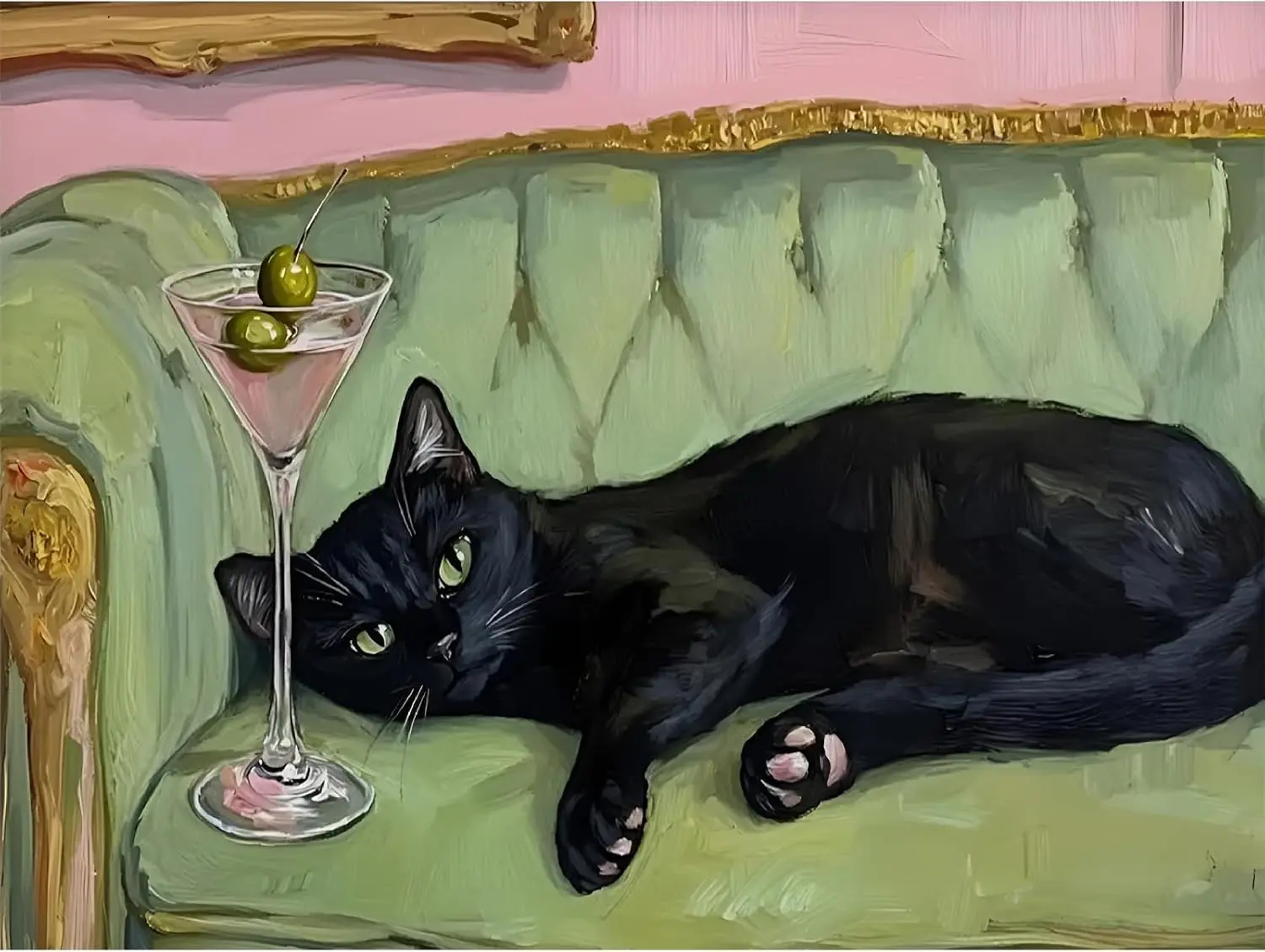 5D Diamond Painting Kit Lazy Black Cat Rest On Green Tufted Sofa Martini Glass With Olives Pink Vintage Wall Retro Oil Painting Pet Crystal Rhinestone Wall Decor Gift