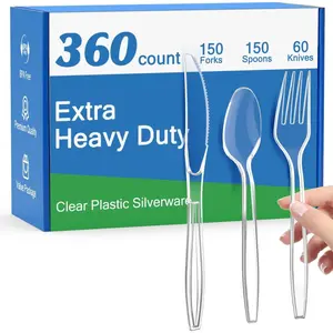 BPA-Free 360 Count Extra Heavy Duty Clear Plastic Utensils Set with 150 Forks, 150 Spoons, 60 Knives, Heat Resistant, Disposable Plastic Cutlery