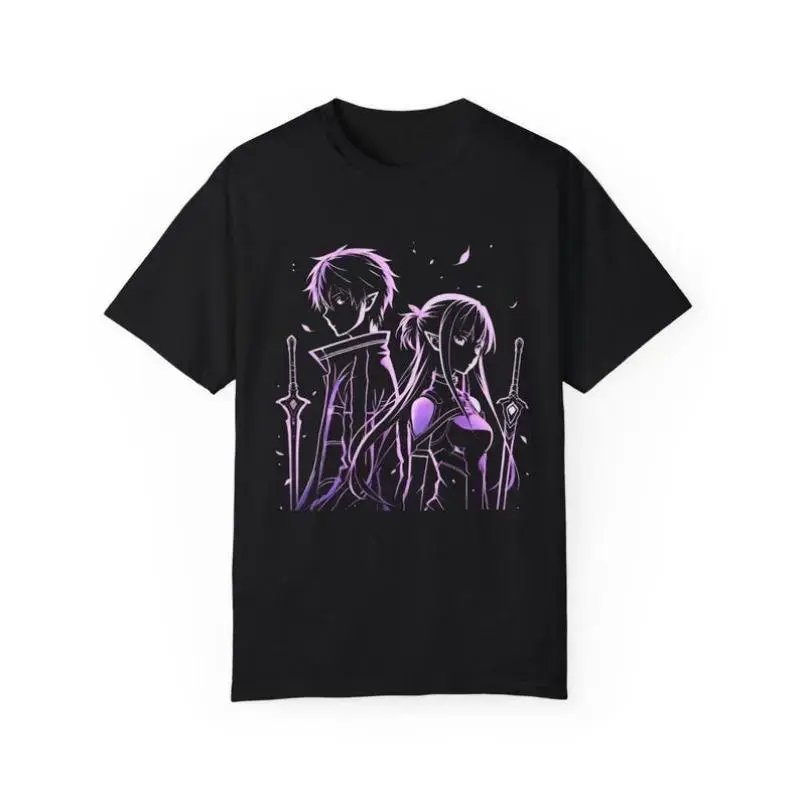 Kirito & Asuna Sword Art Online Unisex Cotton T-Shirt - Menswear Apparel, Classic Casual Fashion Top, Father's Day Gift lsj08, Seamless, Soft, Tops, Clothes, Relaxed, Shortsleeve, Round Neck, Shoulder Tape, Relaxed Fit, Cold Wash, Pre-Washed, Crew Neck, 7