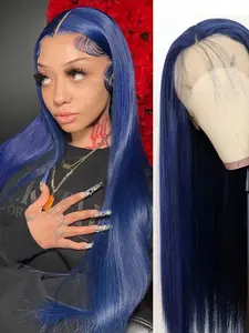 28-Inch Deep Blue Straight Wig for Women, Soft Lace Front, 180% Density, Pre-Plucked, No Glue, Heat Resistant, All Seasons