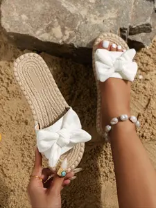 Women's Bowknot Design Slides, Casual Comfortable Flat for Beach, Fashionable Barefoot Shoes for Indoor & Outdoor Wear, Girl, Bow Decor Sandals, Bow Slip Sandals