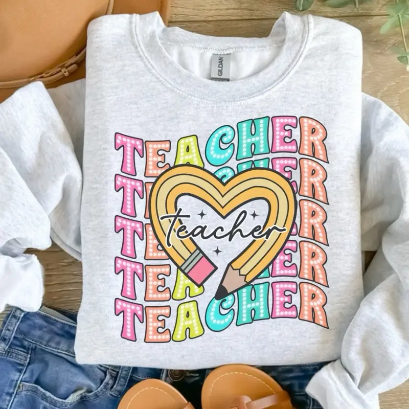Teacher - Stacked With Heart Pencil Sweatshirt - Ash Grey - Teacher Sweatshirt Pullover Soft Unisex Womenswear Cotton Fabric