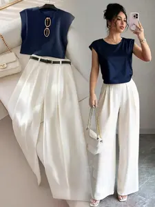 Women's Spring Summer New Round Neck Sleeveless Fitted Top Low Waist Decorative Straight Leg Pants Set, Casual Office Fashion Womenswear